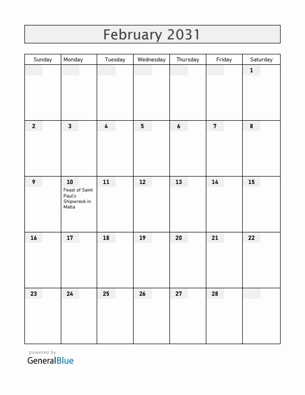 Malta February 2031 Calendar with Holidays