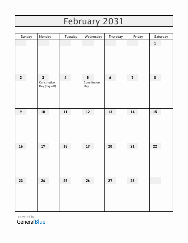 Mexico February 2031 Calendar with Holidays