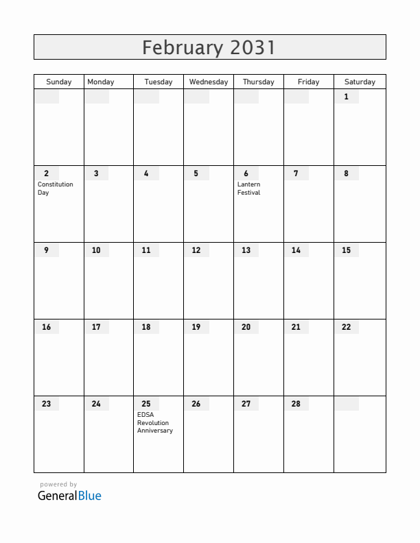 Philippines February 2031 Calendar with Holidays
