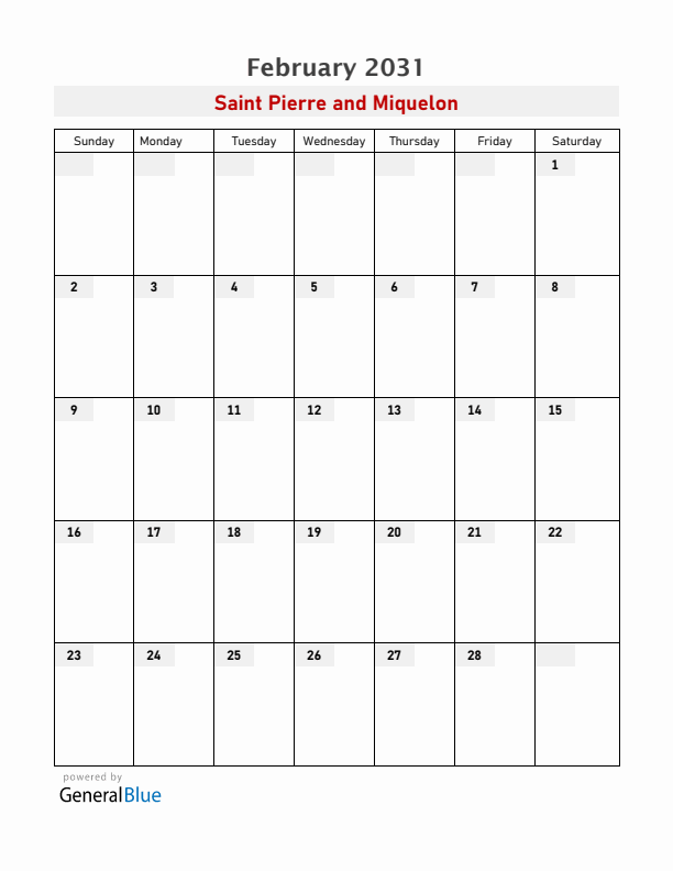 Saint Pierre and Miquelon February 2031 Calendar with Holidays