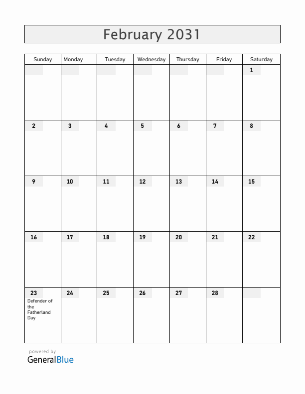 Russia February 2031 Calendar with Holidays