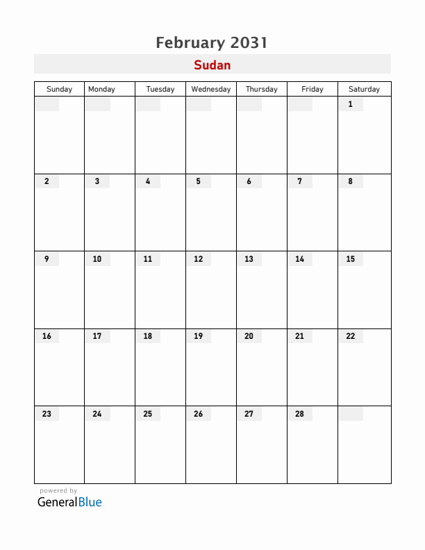 Sudan February 2031 Calendar with Holidays