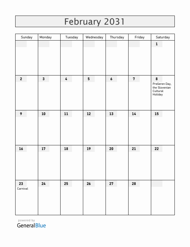 Slovenia February 2031 Calendar with Holidays