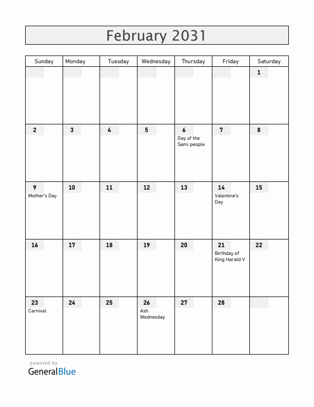 Svalbard and Jan Mayen February 2031 Calendar with Holidays