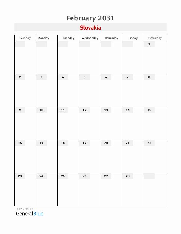Slovakia February 2031 Calendar with Holidays