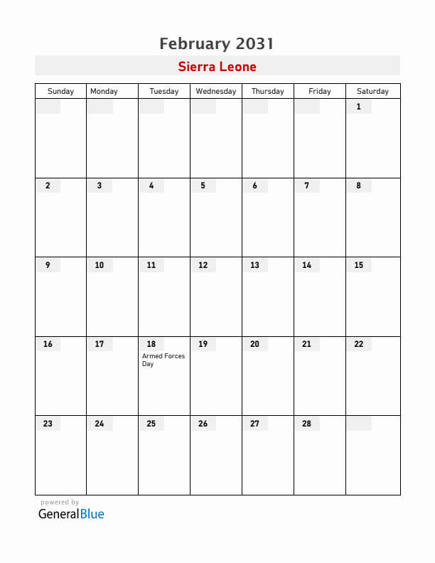 Sierra Leone February 2031 Calendar with Holidays