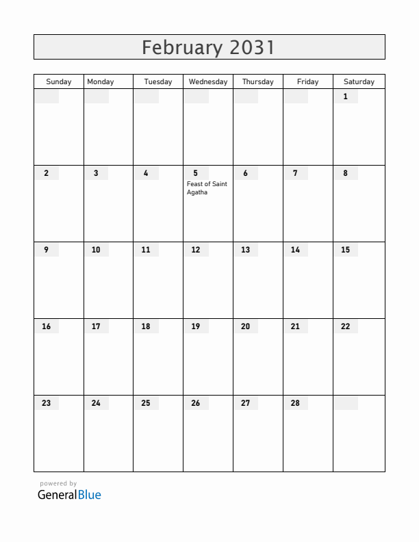 San Marino February 2031 Calendar with Holidays