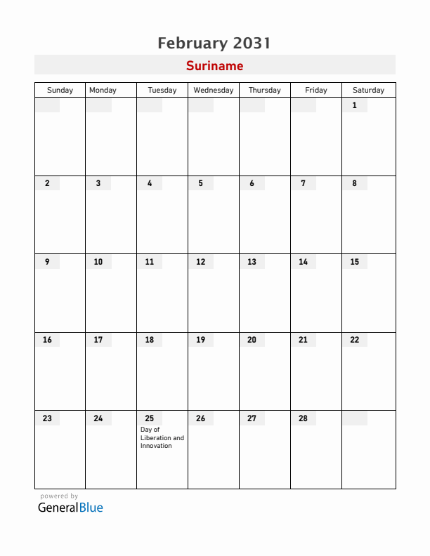 Suriname February 2031 Calendar with Holidays