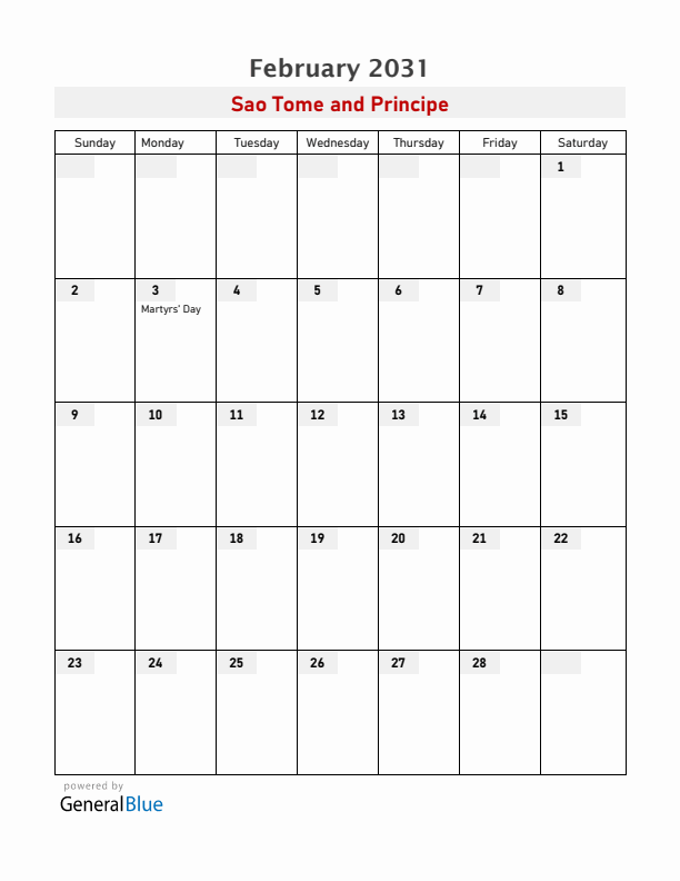 Sao Tome and Principe February 2031 Calendar with Holidays