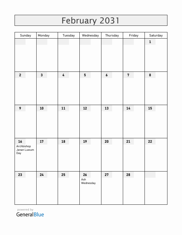 Uganda February 2031 Calendar with Holidays