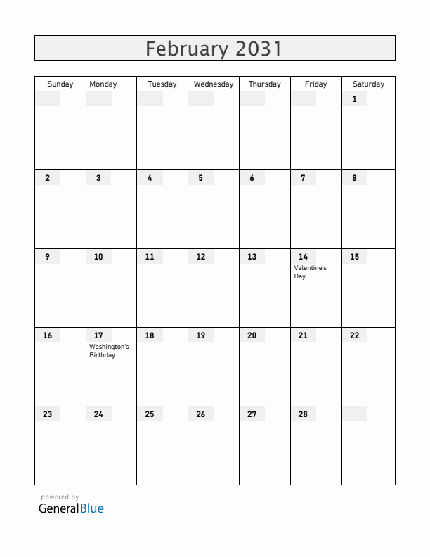 United States February 2031 Calendar with Holidays