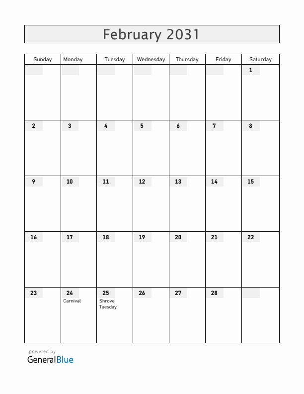Uruguay February 2031 Calendar with Holidays