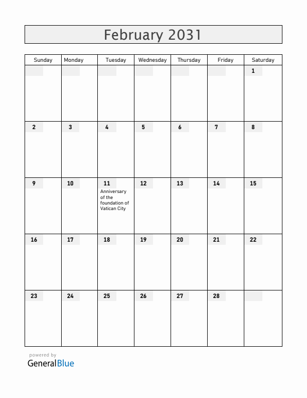 Vatican February 2031 Calendar with Holidays