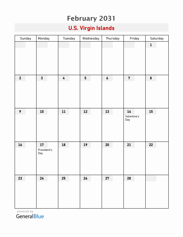 U.S. Virgin Islands February 2031 Calendar with Holidays