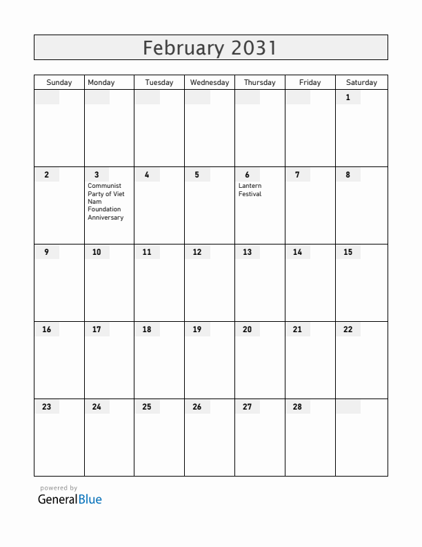 Vietnam February 2031 Calendar with Holidays