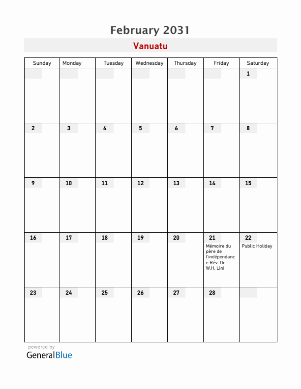 Vanuatu February 2031 Calendar with Holidays