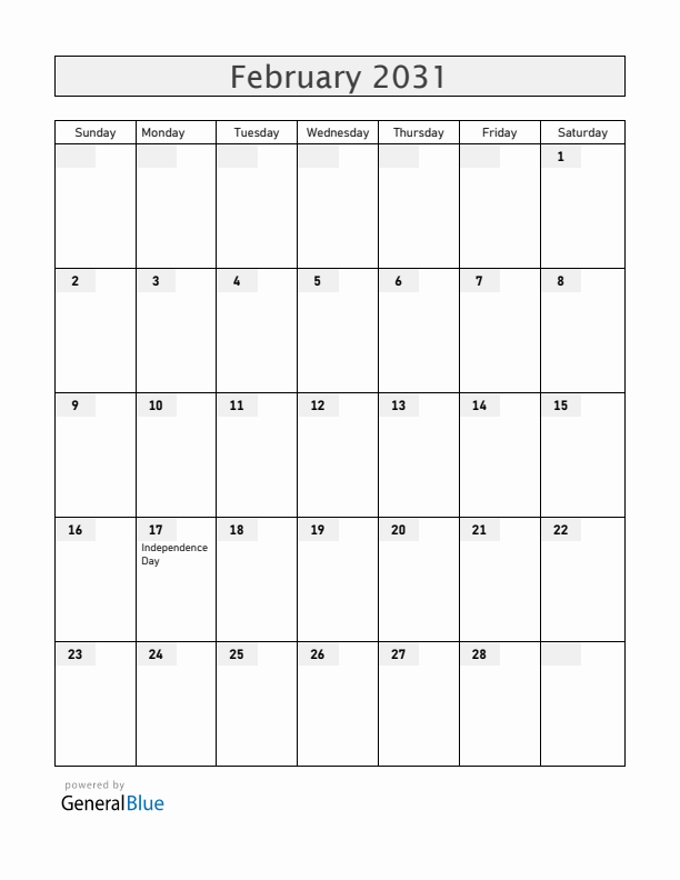 Kosovo February 2031 Calendar with Holidays