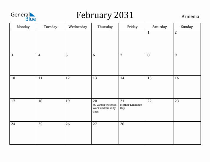 February 2031 Calendar Armenia