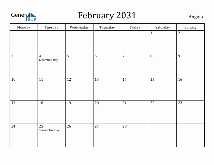 February 2031 Calendar Angola