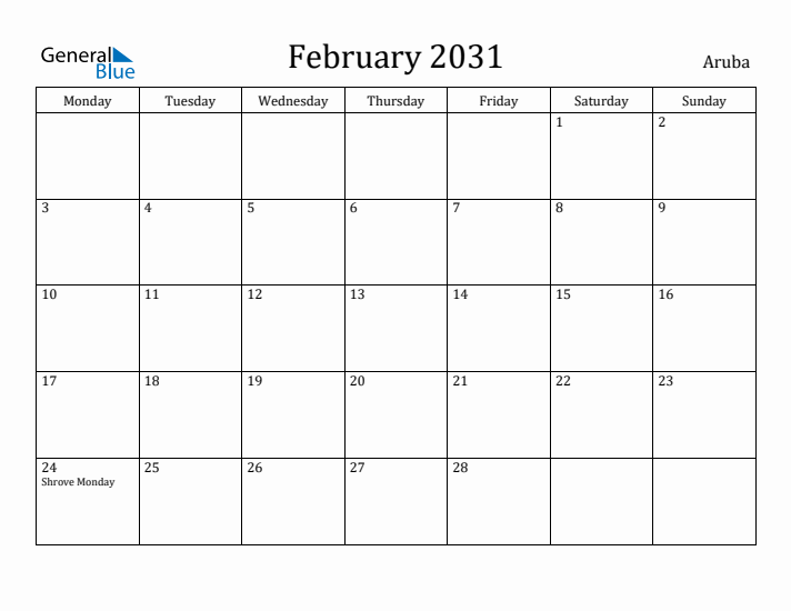 February 2031 Calendar Aruba