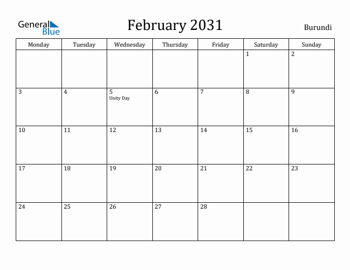 February 2031 Calendar Burundi
