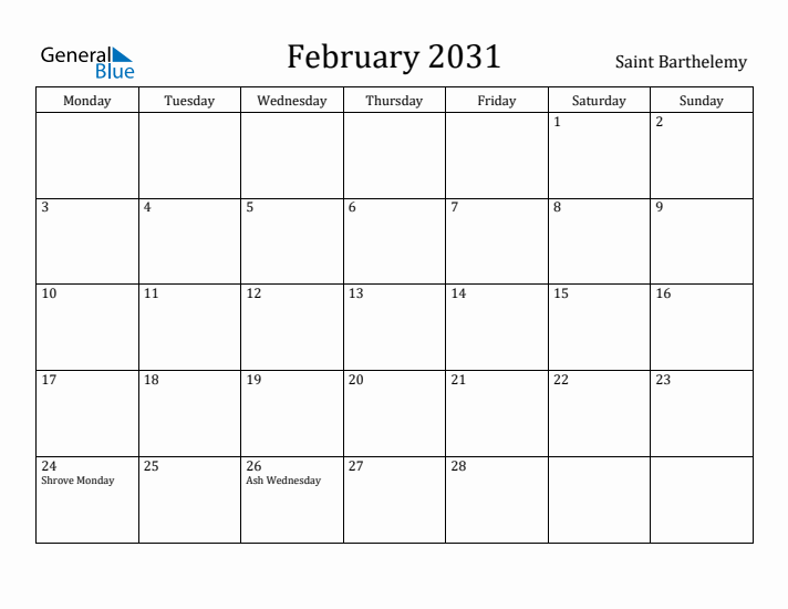 February 2031 Calendar Saint Barthelemy