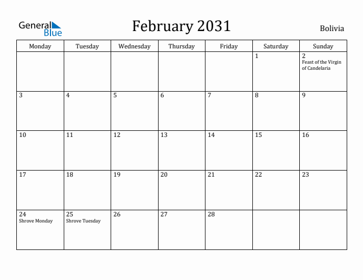 February 2031 Calendar Bolivia