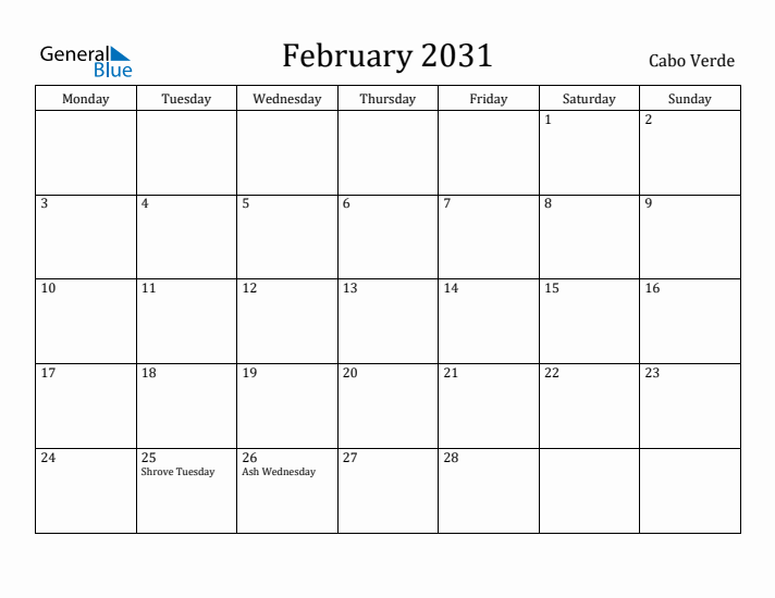 February 2031 Calendar Cabo Verde