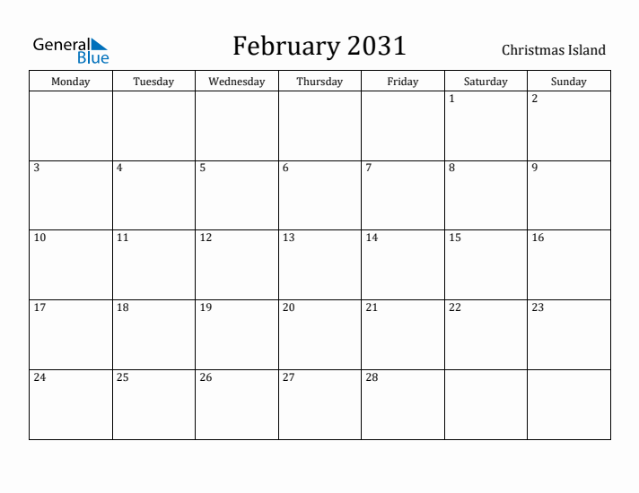 February 2031 Calendar Christmas Island