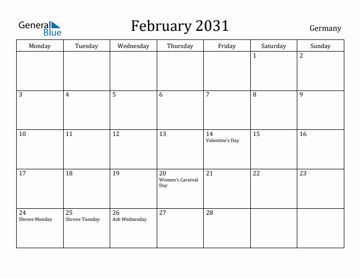 February 2031 Calendar Germany