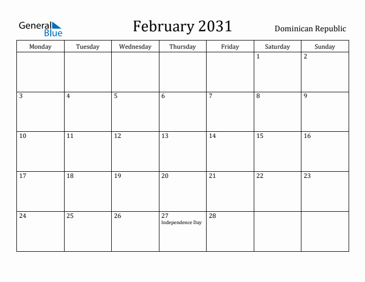 February 2031 Calendar Dominican Republic