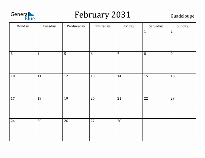 February 2031 Calendar Guadeloupe