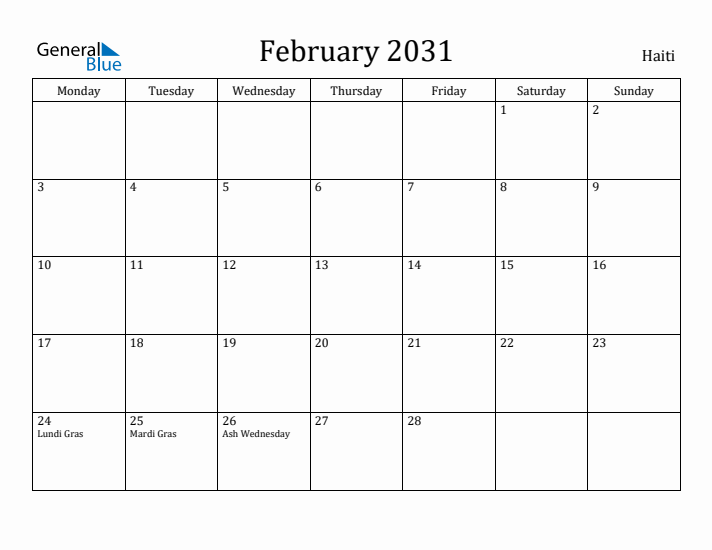 February 2031 Calendar Haiti
