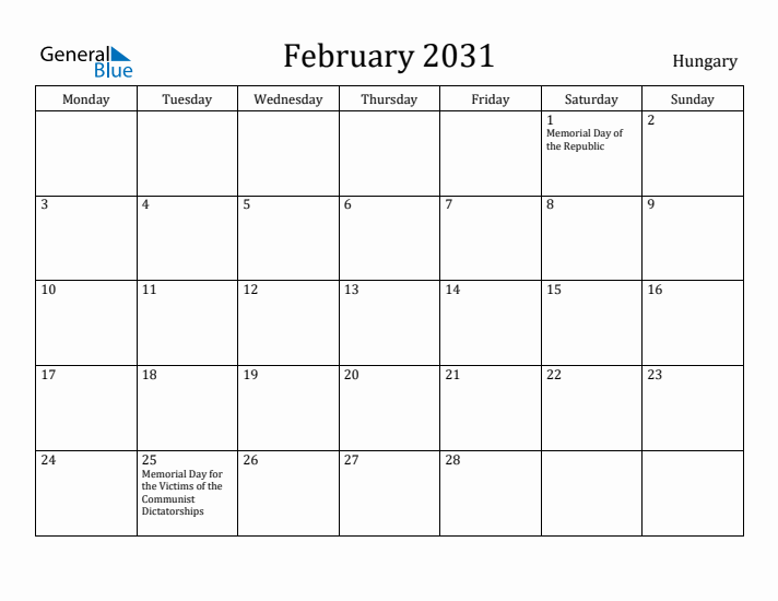 February 2031 Calendar Hungary