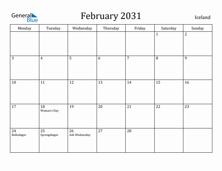 February 2031 Calendar Iceland