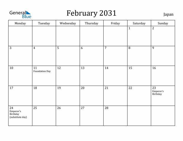 February 2031 Calendar Japan