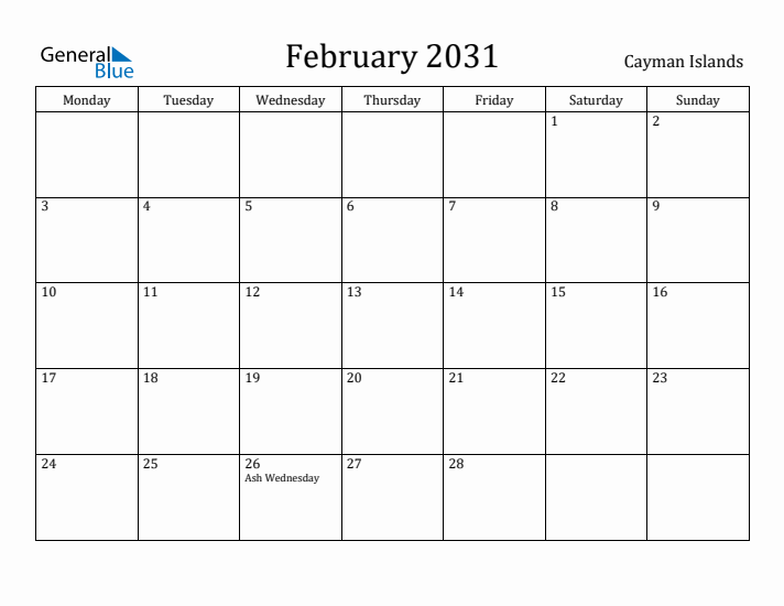 February 2031 Calendar Cayman Islands