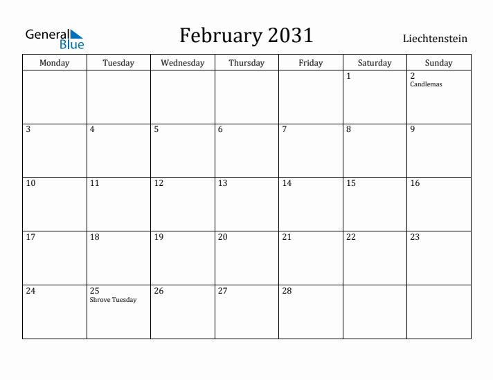 February 2031 Calendar Liechtenstein