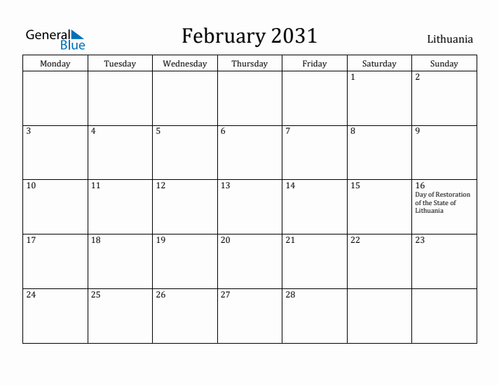 February 2031 Calendar Lithuania