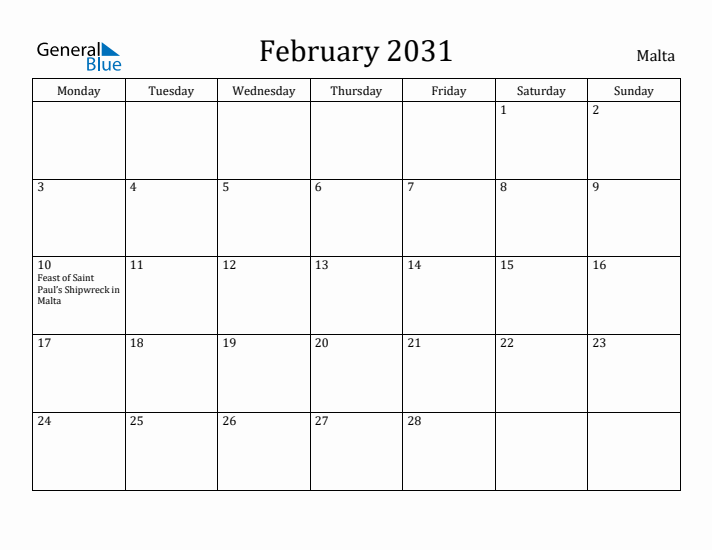 February 2031 Calendar Malta