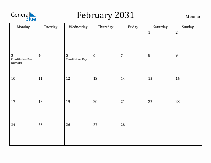 February 2031 Calendar Mexico