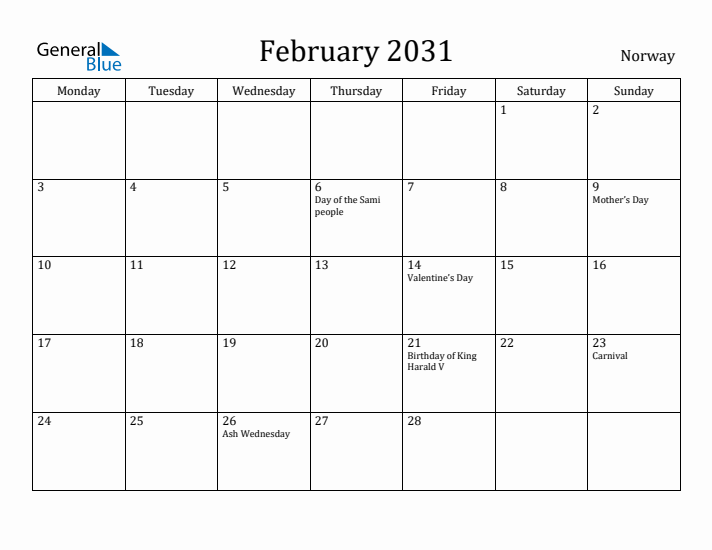 February 2031 Calendar Norway
