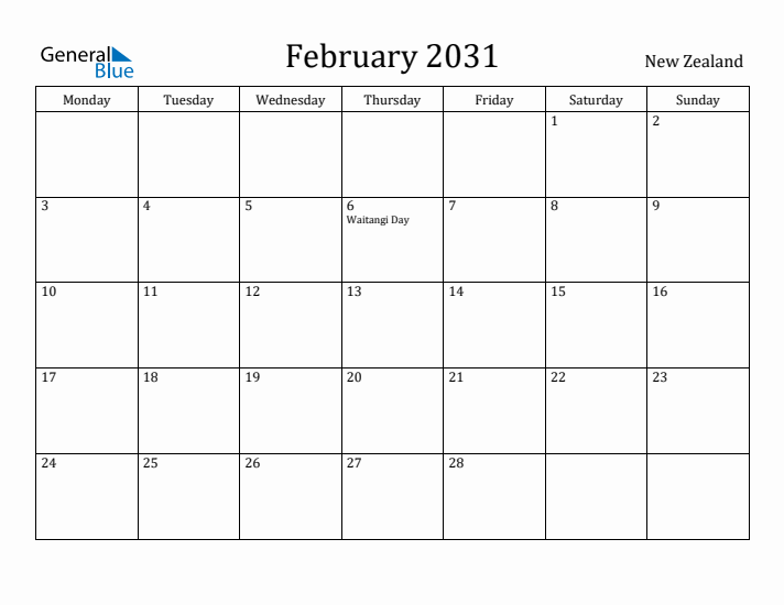 February 2031 Calendar New Zealand