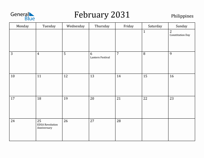 February 2031 Calendar Philippines