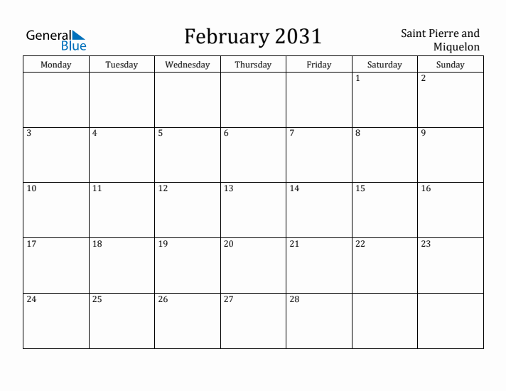 February 2031 Calendar Saint Pierre and Miquelon