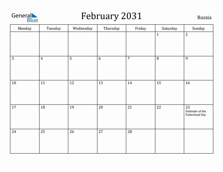 February 2031 Calendar Russia