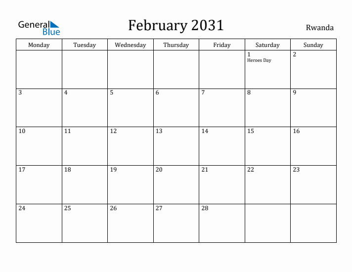 February 2031 Calendar Rwanda