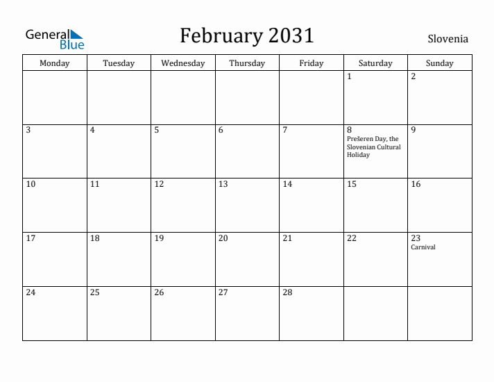 February 2031 Calendar Slovenia