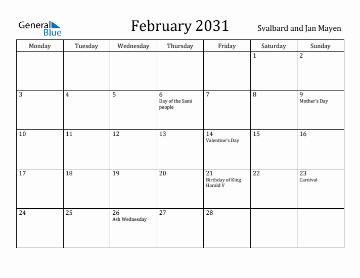 February 2031 Calendar Svalbard and Jan Mayen