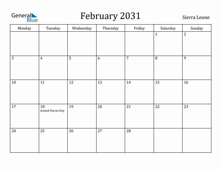 February 2031 Calendar Sierra Leone